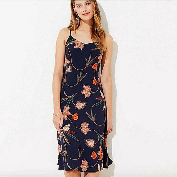 LOFT Dresses & Skirts - NWT LOFT Midi Dress Blogger Favorite Floral Smocked Spaghetti Strap Navy Orange